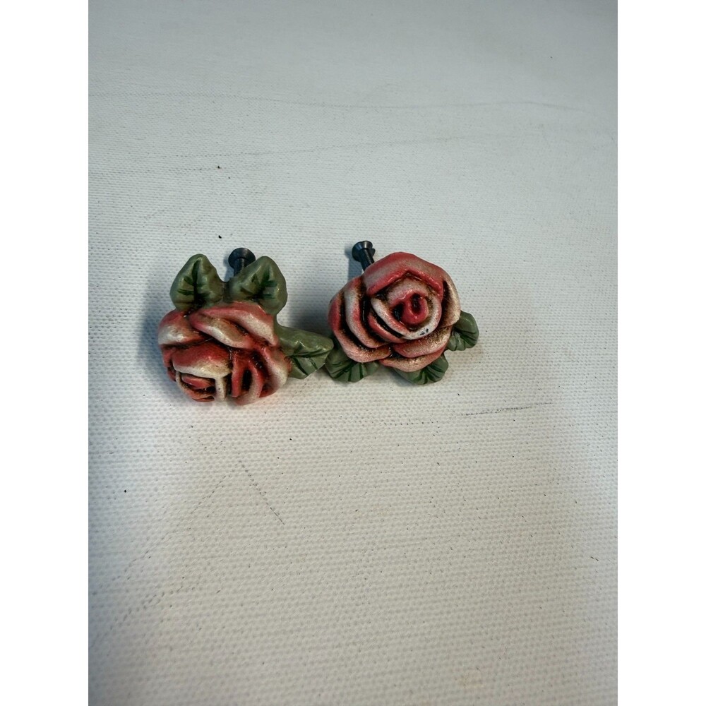 Rose Drawer Pulls Set of 2 Pink Green Floral Shabby Chic Cabinet Knobs Vintage